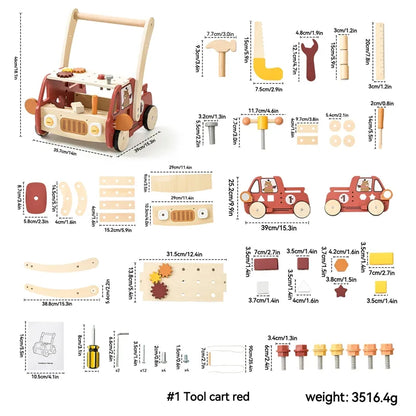 Montessori Gereedschapswagen 3-in-1 – Houten loopwagen & werkbank