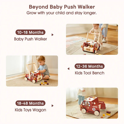 Montessori Gereedschapswagen 3-in-1 – Houten loopwagen & werkbank